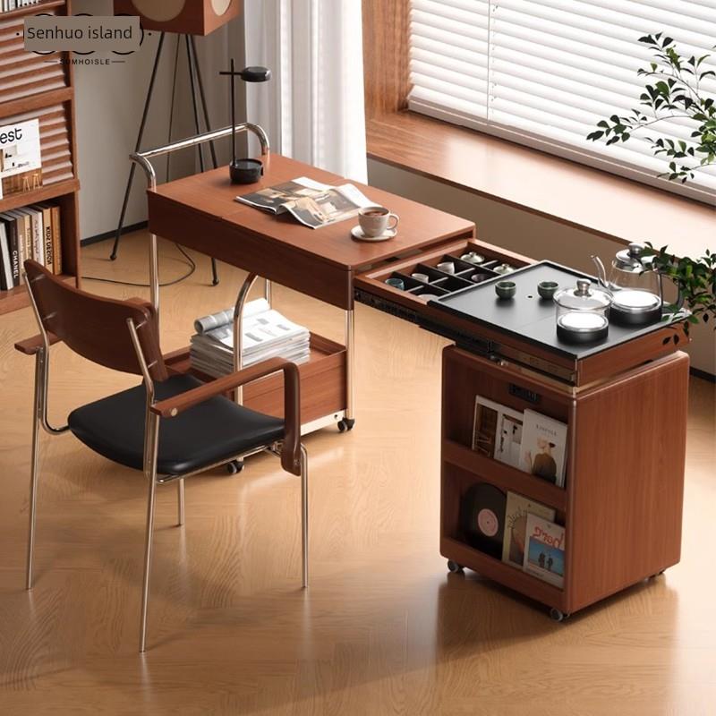 森活岛茶桌书桌一体实木可移动伸缩多功能客厅家用茶台桌茶水推车