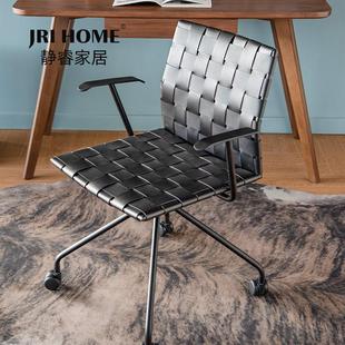 马鞍皮编织书房电脑椅复古工业风铁艺家用现代简约硬书桌滚轮转椅