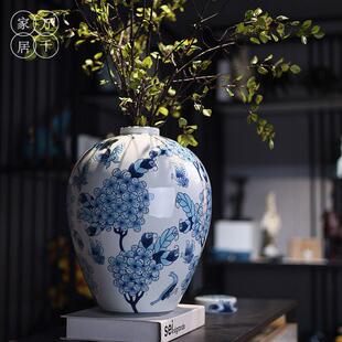 东方巴黎水墨青花瓷器大肚容福干 干燥花水培花瓶新中式玄关摆件