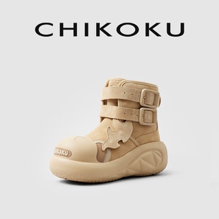 chikoku中筒雪地靴開(kāi)口笑呲牙厚底保暖增高加絨2024冬季 棉鞋 新款