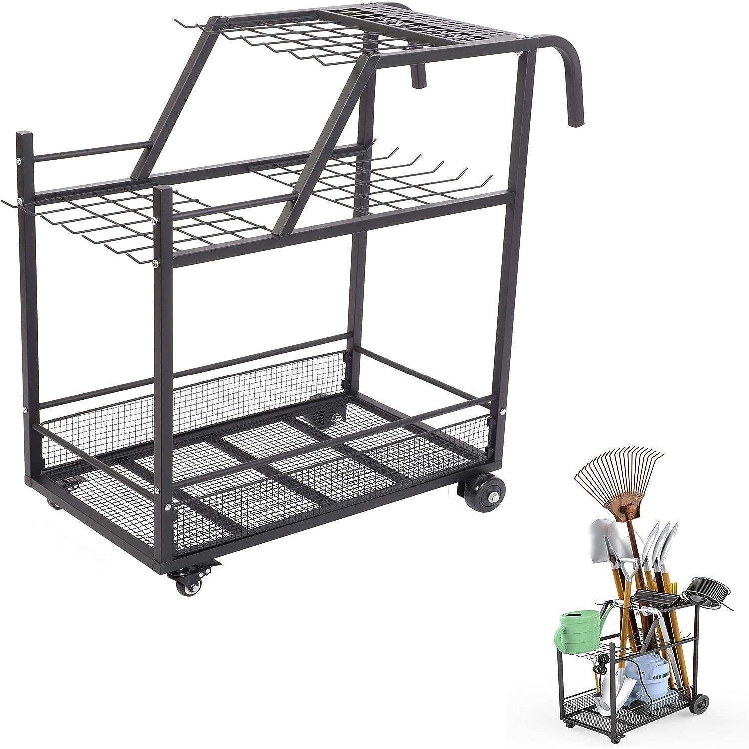 工具架存储与车轮庭院工具推车车库工具塔架铲子耙子拖把扫帚