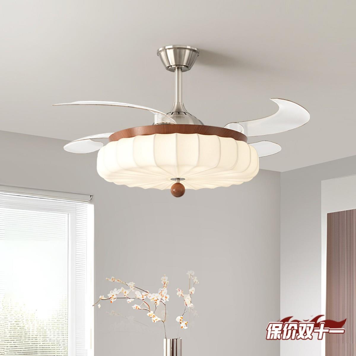 法式复古餐厅风扇灯中古风布艺温馨设计感胡桃木纹隐形卧室吊扇灯