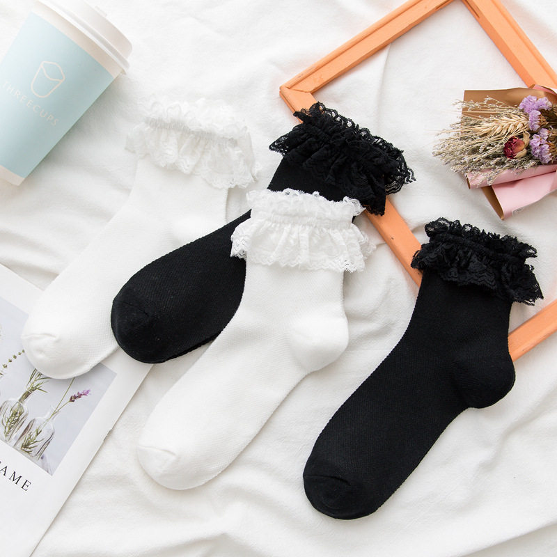 新品Woman Socks Lolita Stylex Black White Ruffle Socks Mesh
