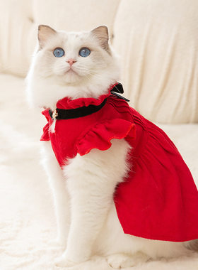 极速宠物猫咪复古红色小飞袖连衣裙秋天冬天衣服布偶英Z短暹罗猫