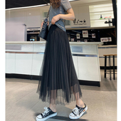 仙女范百褶过膝长裙子春夏季 中长款 宽松孕妇夏装 潮V妈半身纱裙半