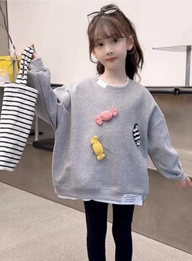 女童卫衣春装20l25新款小女孩灰色长袖春秋中长款儿童休闲上衣