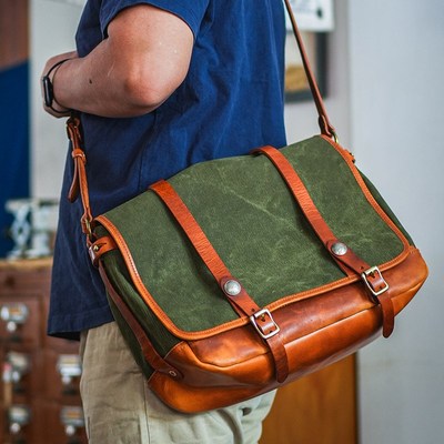 牛爷 机车信使 斜挎邮差包  美式复古帆布拼真皮大容量电脑书包
