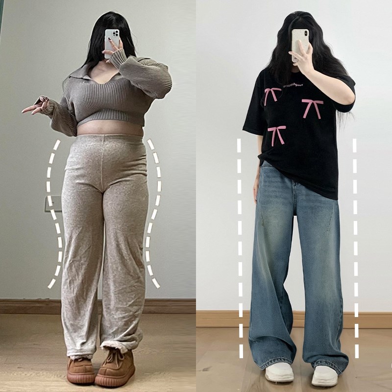 300斤胖mm大码蓝色直筒牛仔裤女2025春新款裤子复古显瘦阔腿长裤