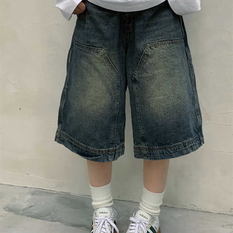 大码美式复古水洗做旧牛仔短裤男女国潮高街直筒阔腿休闲七分裤子