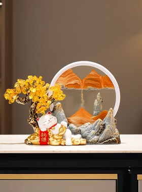 招财猫发财树流沙画摆件办公室玄关招财电视柜酒柜开业礼物装饰品