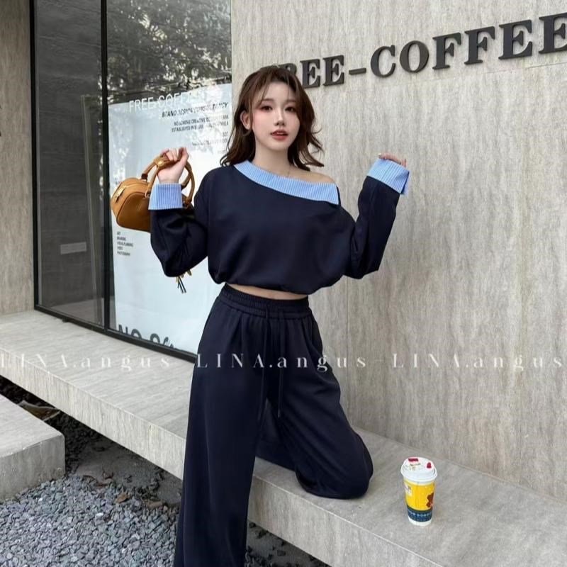 斜肩条纹衬衫领拼接长袖短款卫衣小衫配休闲长款阔腿裤洋气两件套