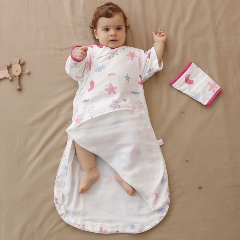 婴儿睡袋春秋款6层纱布儿童防踢被新生儿防惊跳宝宝睡袋前厚后薄