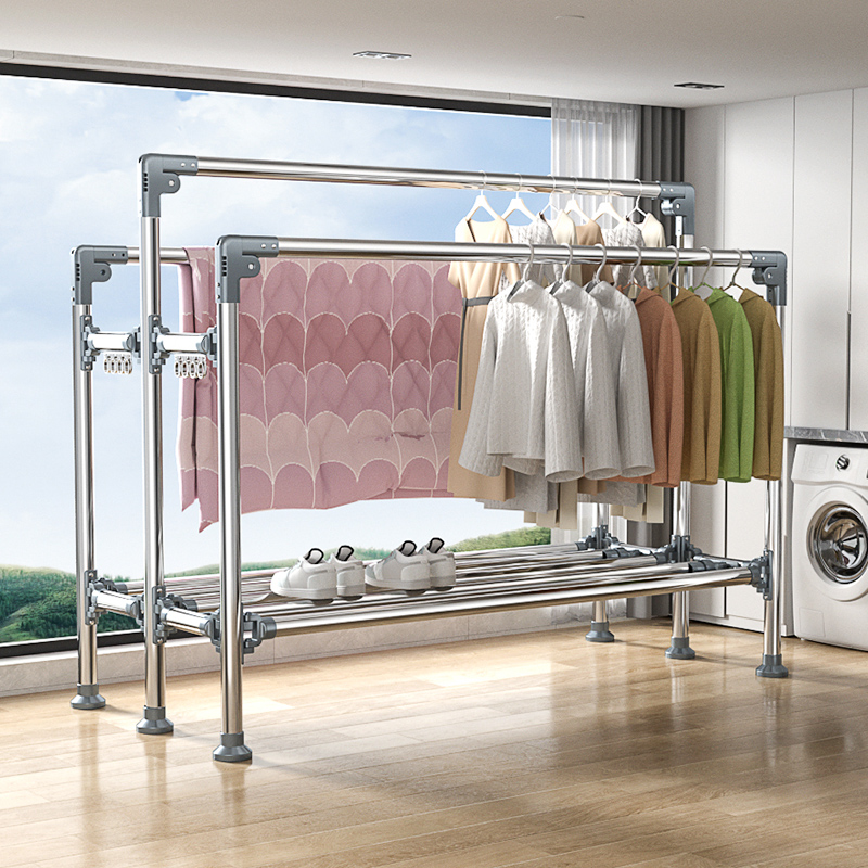 不锈钢晾衣架落地家用阳台晾衣杆室内双杆式晒衣架子挂衣架凉衣架