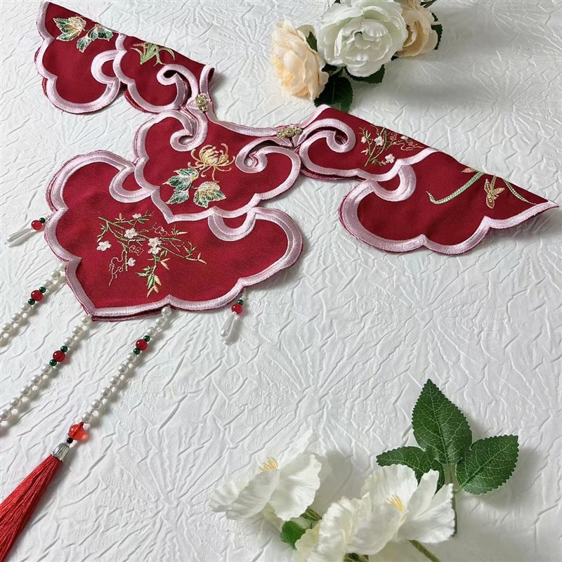 红色重工刺绣云肩珍珠流苏学士服新款中国风汉服配饰喜庆女装新娘