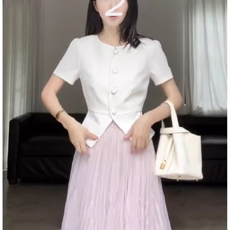 九九郭高级感圆领开o叉短袖西装外套女夏季薄款气质收腰显瘦短上