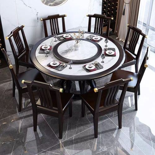 新中式岩板餐桌圆形家用饭桌1.8米1.6米10人实木餐厅饭店大圆桌子