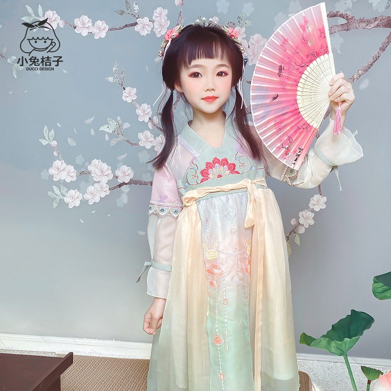 女童汉服橘绿唐风连衣裙雪纺印花裙子复古中国风新款儿童夏季