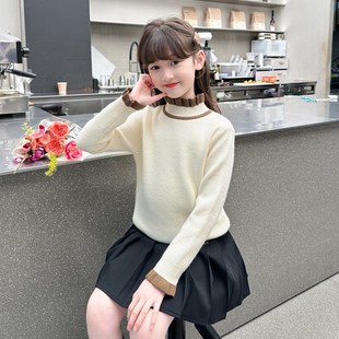 女L孩半高领针织衫 洋气一体绒童装 套头毛 秋冬2024新款 女童打底衫