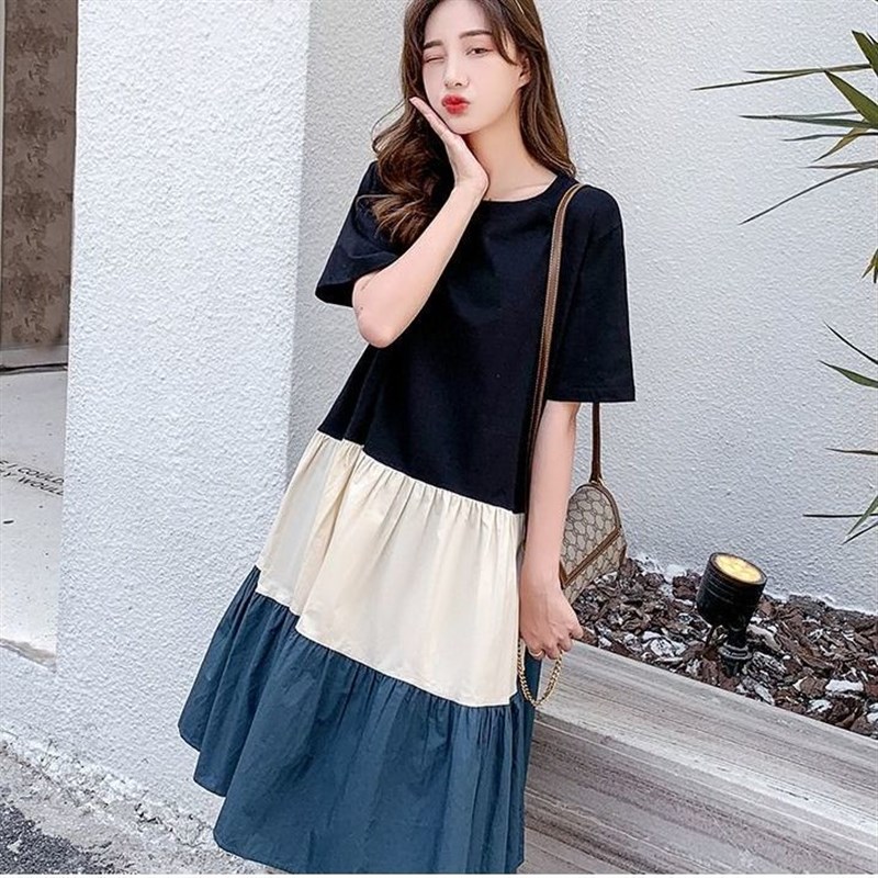 孕妇夏装新款韩版t恤连衣裙拼接撞色宽松大码洋气中长款过膝裙子