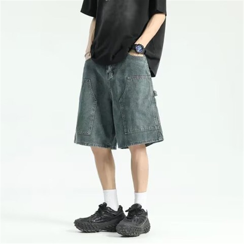 春夏薄款牛仔中裤男水洗复古运动休闲裤潮牌宽松大口袋五分工装裤