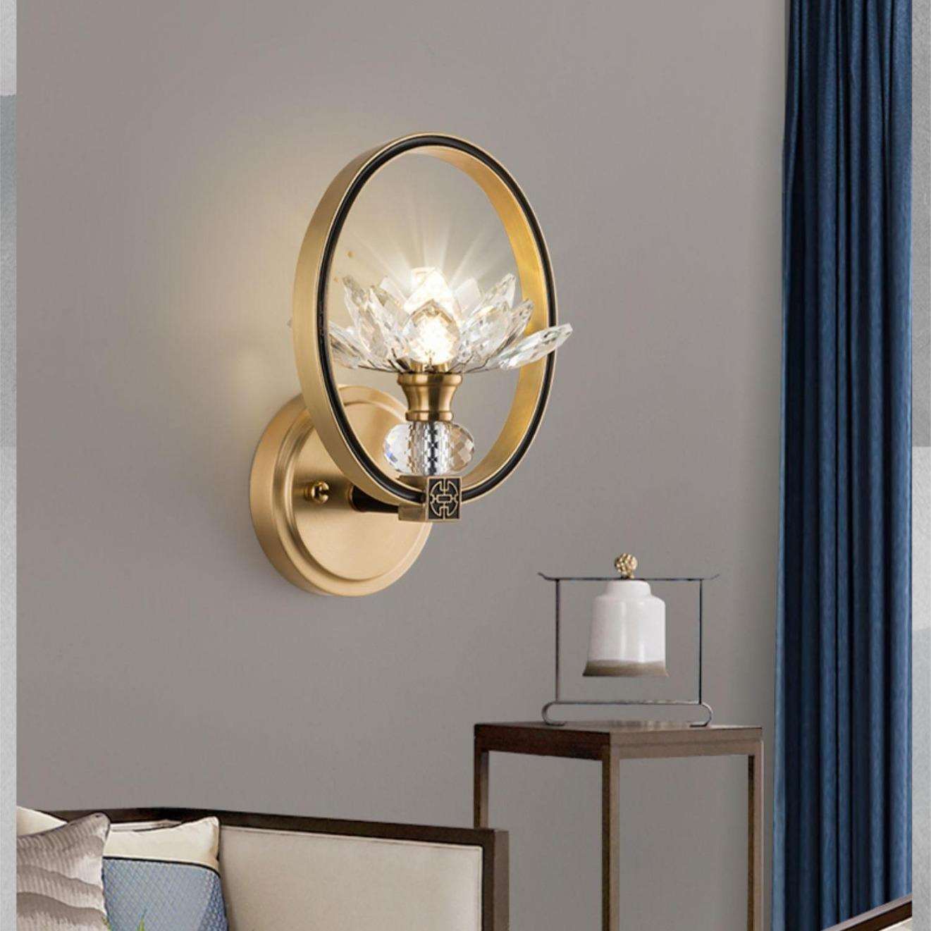 新中式水晶花朵壁灯全铜客厅电视墙灯轻奢过道茶室主卧室床头铜灯