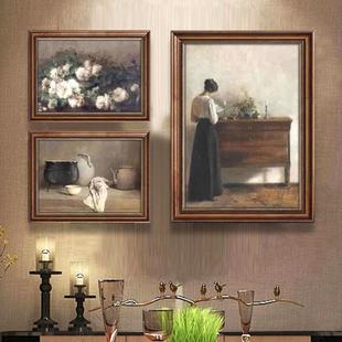 读书女子与静物花卉美式复古组合装饰画法式中古风古典挂画