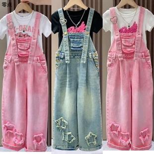 宽松炸街中大童裤 女童牛仔背带裤 洋气网红夏装 2025新款 子 两件套装