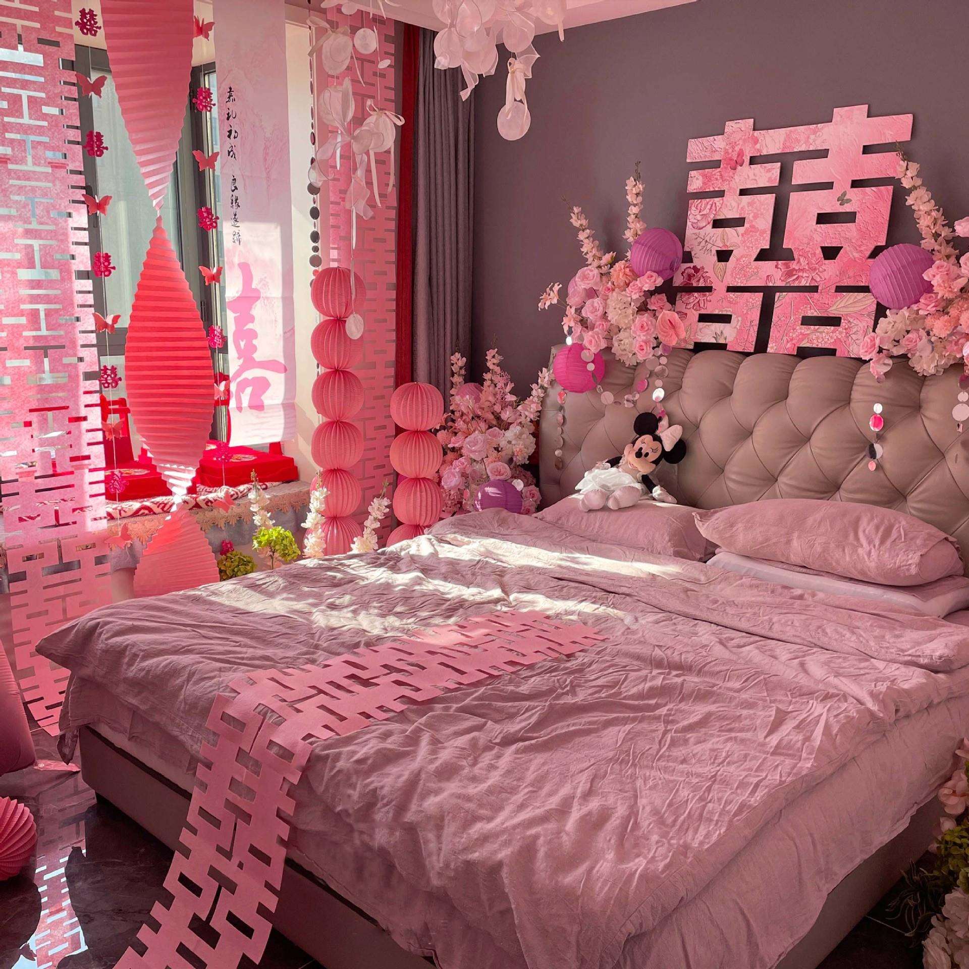 2025粉色婚房氛围布置结婚套装装饰婚礼女方卧室床头喜字KT仿真花