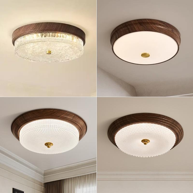 新中式复古胡桃木纹色LED主卧室吸顶灯家用全光谱房间玻璃灯具