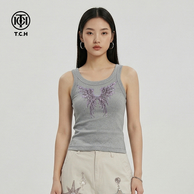 TCH【时尚穿搭】夏款百搭时尚烫钻天使翅膀女装背心T78B03E1001