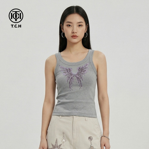 TCH【时尚穿搭】夏款百搭时尚烫钻天使翅膀女装背心T78B03E1001
