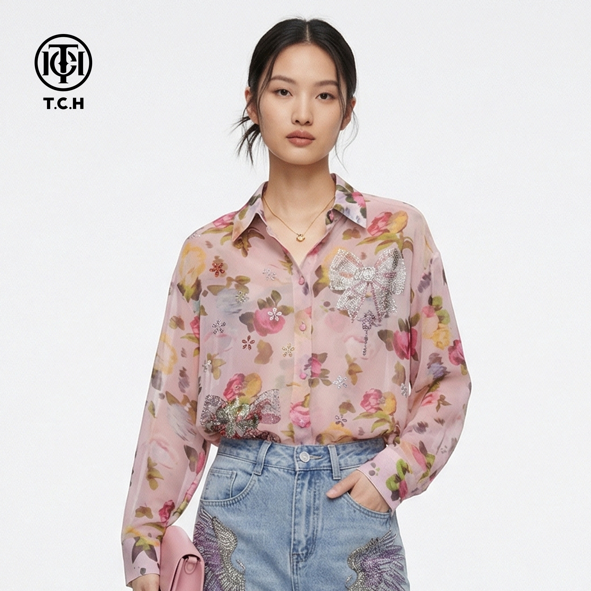 TCH【潮流穿搭】春款时尚百搭烫钻粉色休闲风女装衬衫T78A13E1059