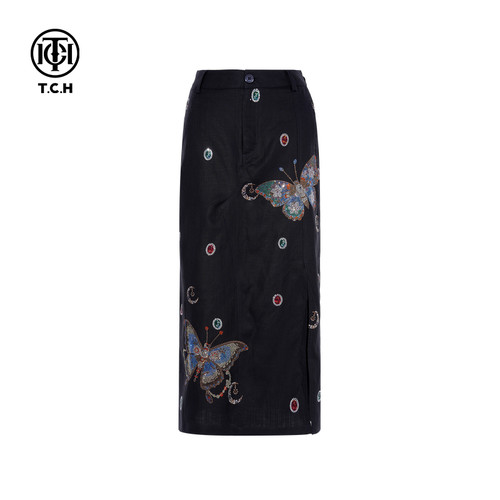 TCH烫钻藏青色复古亚麻百搭气质显瘦直筒半身裙女T75B22E5057