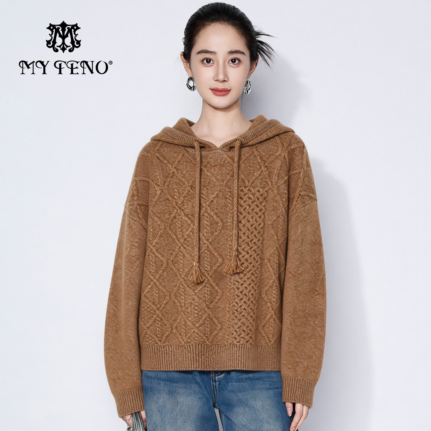 [100绵羊毛]马天奴2025冬季新款提花格纹连帽宽松针织卫衣衫毛衣,女装/女士精品,毛针织衫,淘宝优惠券,粉丝福利购,淘宝优惠卷