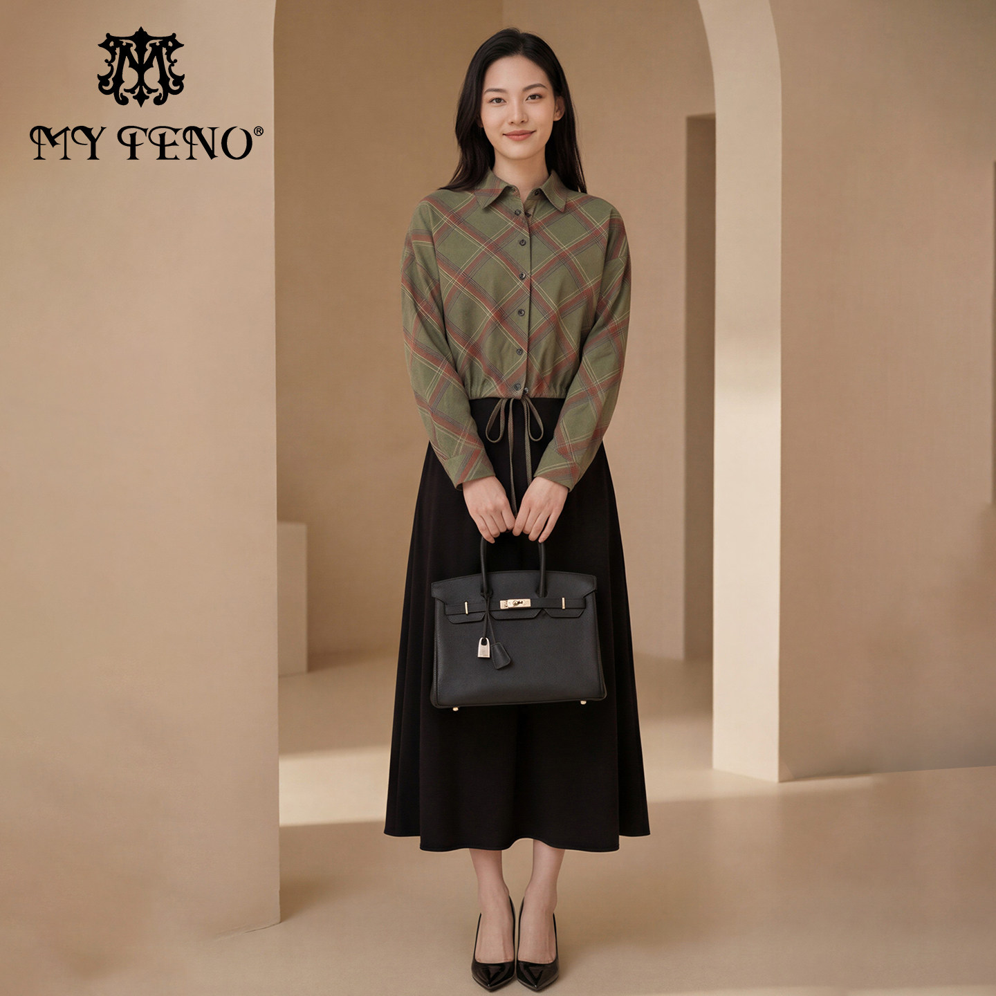 马天奴2026春季新款格子衬衫短款上衣长款连衣裙子两件套装气质女