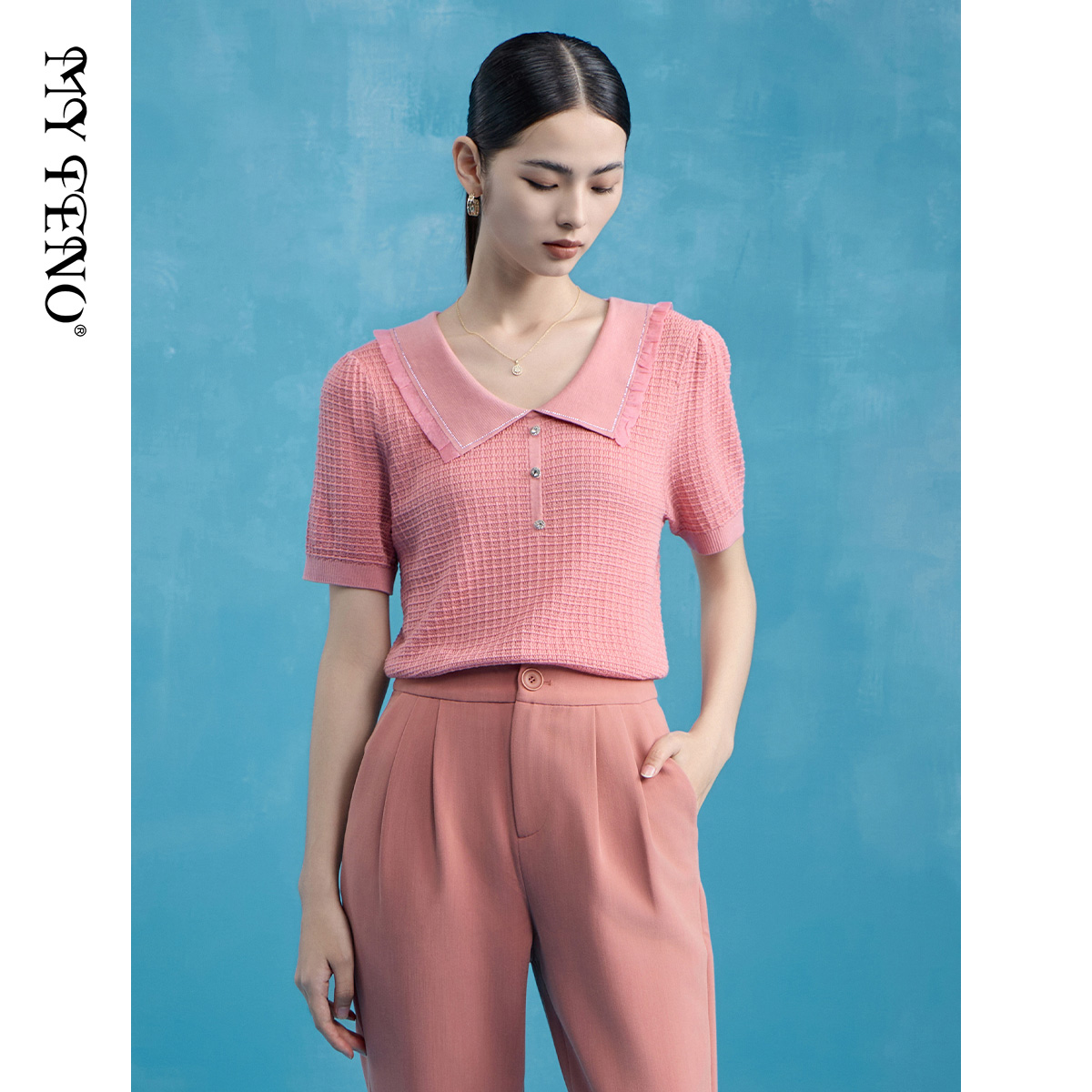 马天奴粉色娃娃领短袖针织衫