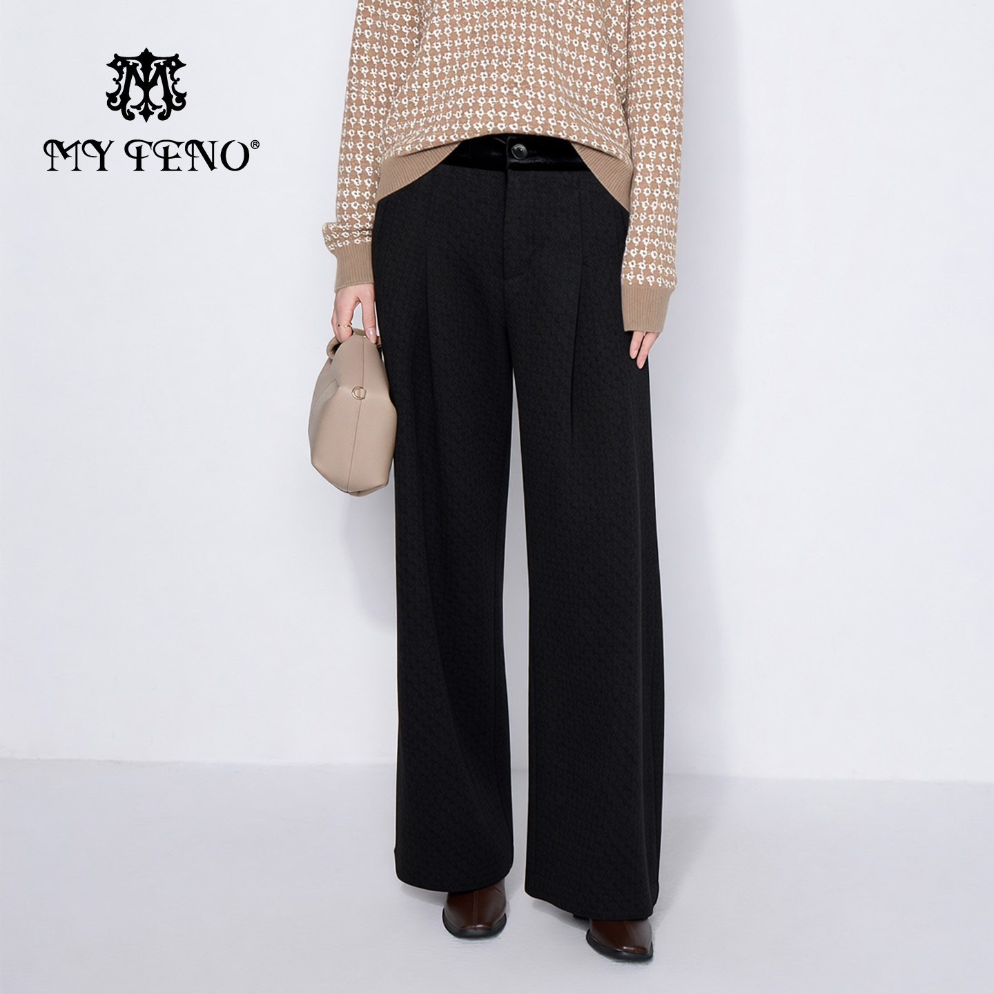 马天奴黑灰高腰宽松休闲阔腿裤