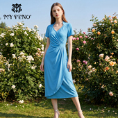 蓝色V领短袖 收腰修身 连衣裙子气质长裙时尚 马天奴春秋新款 法式 女
