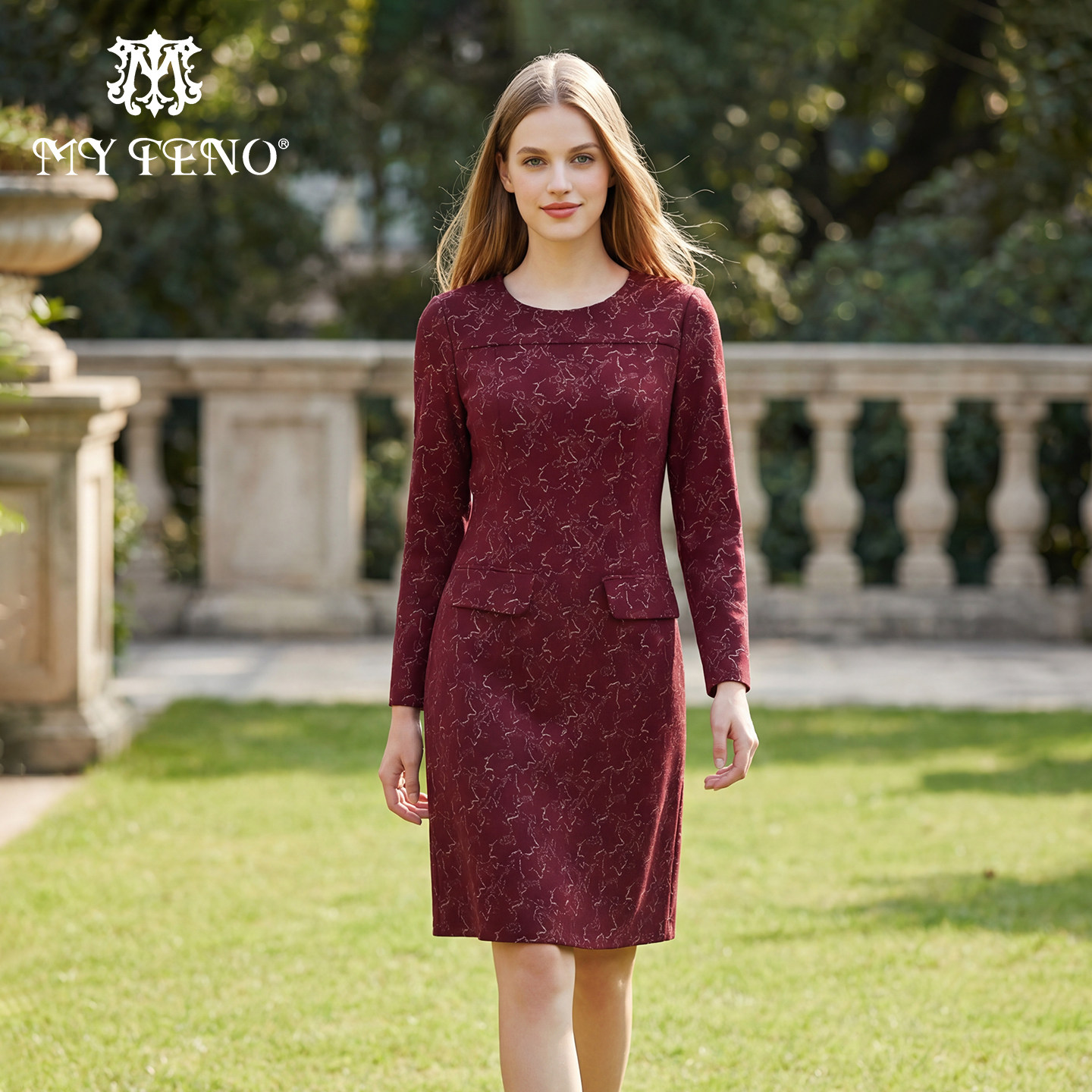 马天奴女装春秋新款提花针织连衣裙子圆领长袖显瘦收腰气质时尚