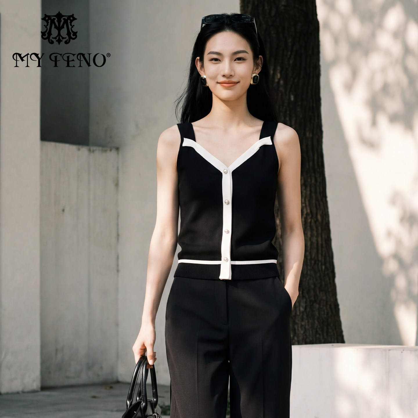 马天奴2026春夏新款黑白针织背心马甲无袖小衫上衣气质时尚百搭女