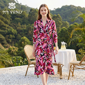 连衣裙子腰带时尚 马天奴2025春夏新款 红色印花V领收腰修身 显瘦女