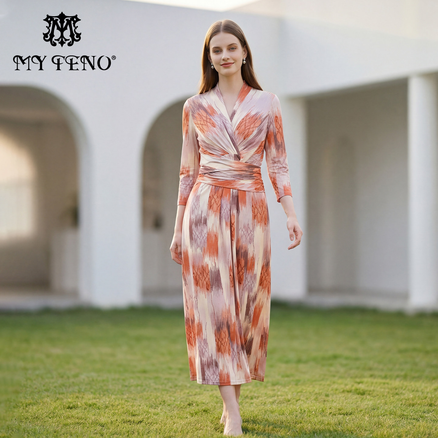 马天奴女装夏季新款杏色印花连衣裙收腰修身法式气质时尚百搭气质