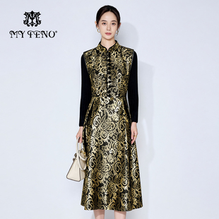 收腰连衣裙子皮裙时尚 金色印花立领无袖 新中式 马天奴2025秋冬新款