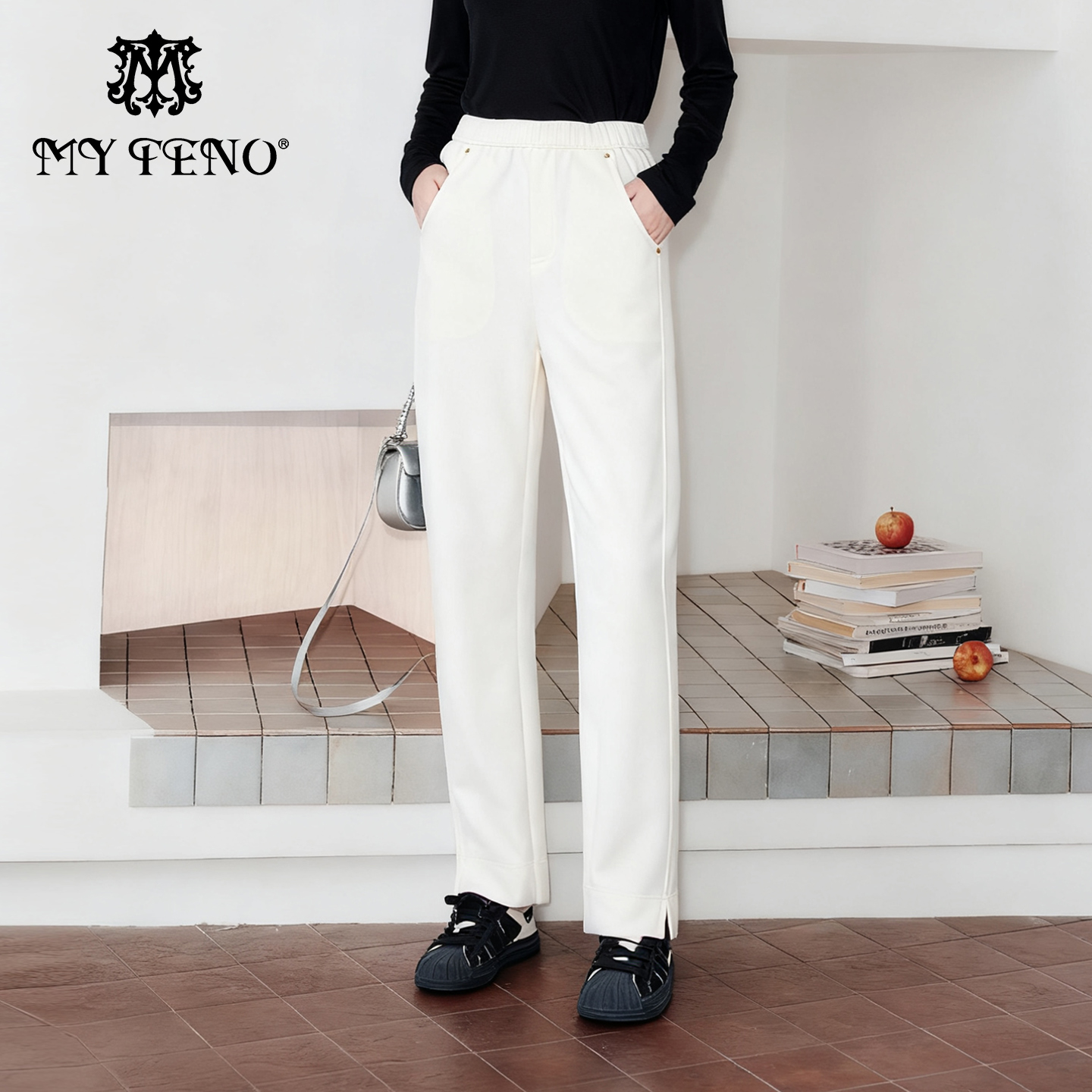 马天奴纯色高腰宽松弹力直筒裤