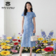 马天奴2026春夏新款 复古气质女装 彩蓝色印花短袖 连衣裙子长裙法式