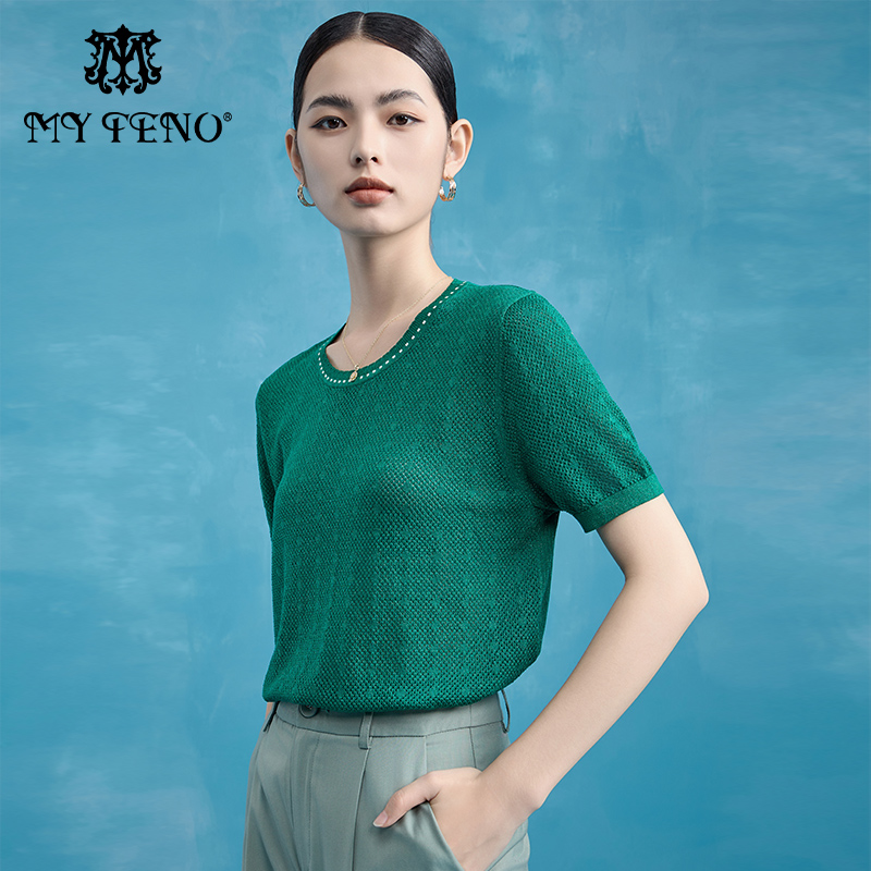 马天奴纯色圆领短袖提花针织衫