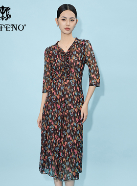 马天奴2025春夏新款蓝色印花花边领钉珠系带网纱连衣裙子收腰时尚