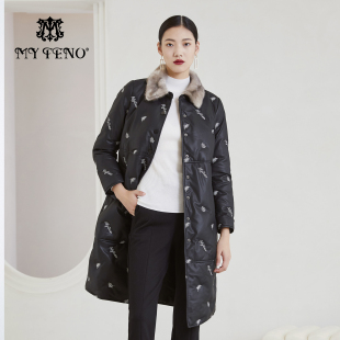 马天奴2025秋冬新款 黑色水貂毛领绣花再生革皮羽绒服中长保暖外套