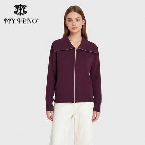 [绵羊毛]马天奴深红拉链针织外套