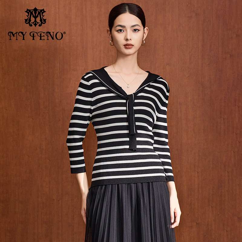 马天奴莱赛尔条纹披肩领针织衫